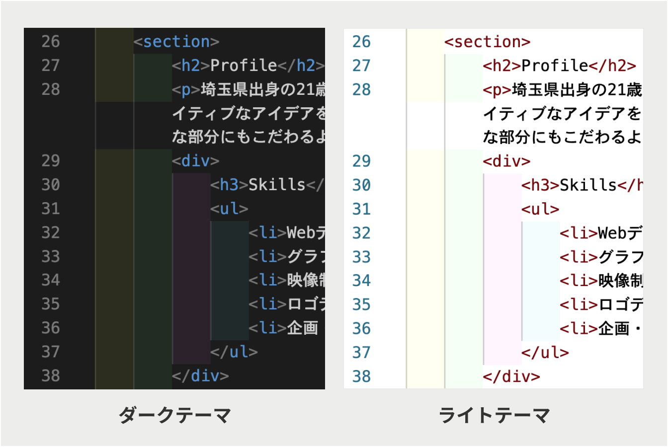 ダークテーマとライトテーマ、それぞれの場合の反映されたイメージ